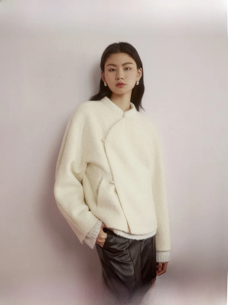 

New Year Series ZHIZHI Chinese Sle Stand Collar ort Jaet Women Winter Soft Mouton Coat Versatile Loose Fit Long Sve