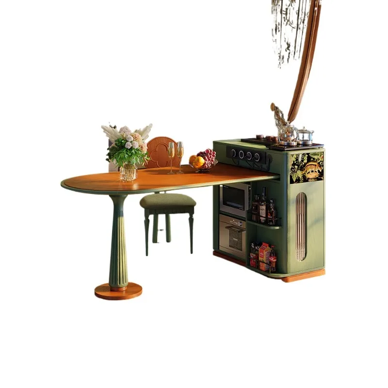 

French retro island dining table integrated small apartment dining room retractable multi-functional French medieval solid wood