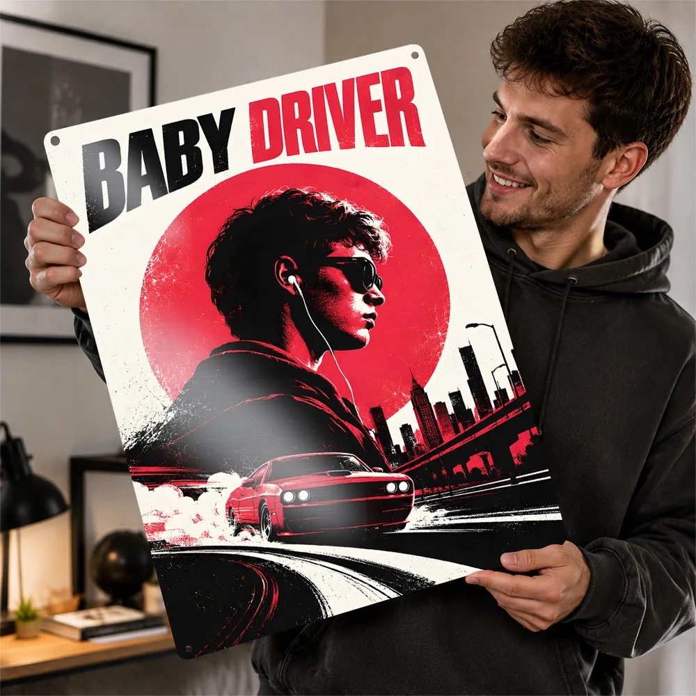 Baby Driver Red Sun Silhouette Aluminum Poster Cinematic Wall Art For Home Theater Personalized Metal Sign Housewarming Gift