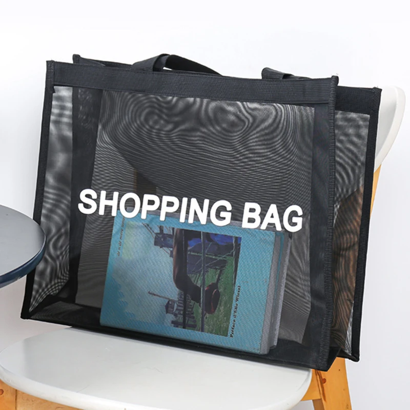 Bolsa de compras de malha transparente preta para mulheres, grande capacidade, nylon, shopping, praia, fitness, ioga, bolsa de ombro, organizador