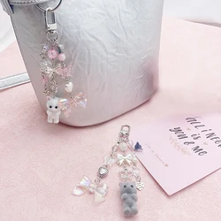 Cartoon Flocking Cat Pendant Keychain Y2k Heart Bow Shaped Key Ring For Women Girls Cute Camera Bag Pendant Decoration Gifts