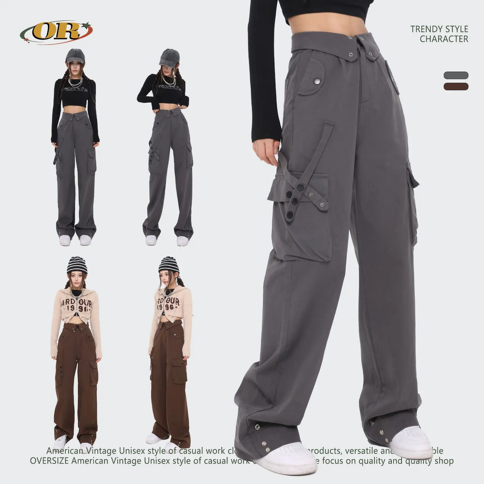 

OR FL Autumn Trendy Brand American style 100 Cotton Women Cargo Trousers Retro Slacks Wide Leg Pants Women's High-waisted Pants