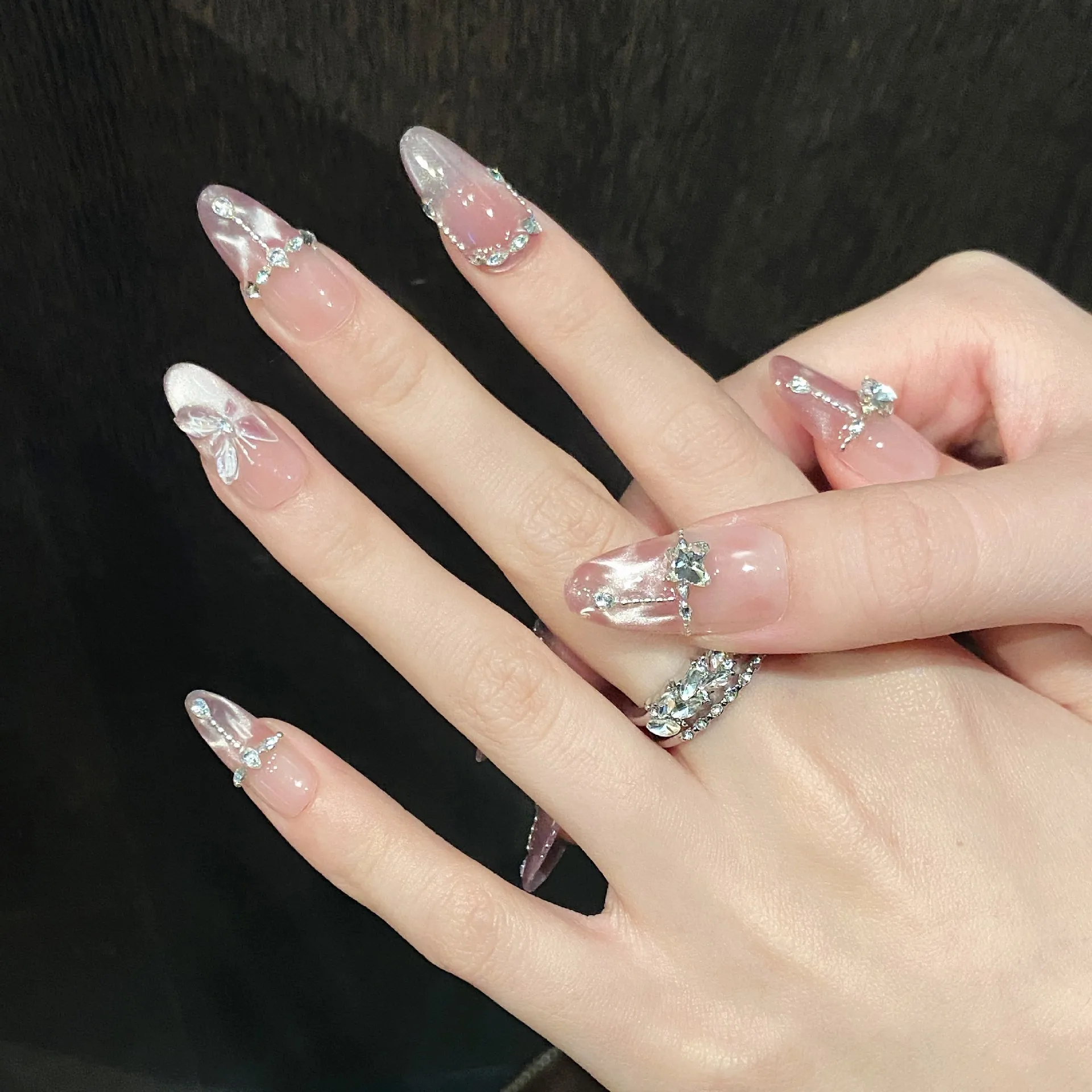 10 stuks handgemaakte pers op nagels kristal vlinder glanzend Dimoand decor valse nagel helder Cat Eye zoete roze Franse stijl nepnagels