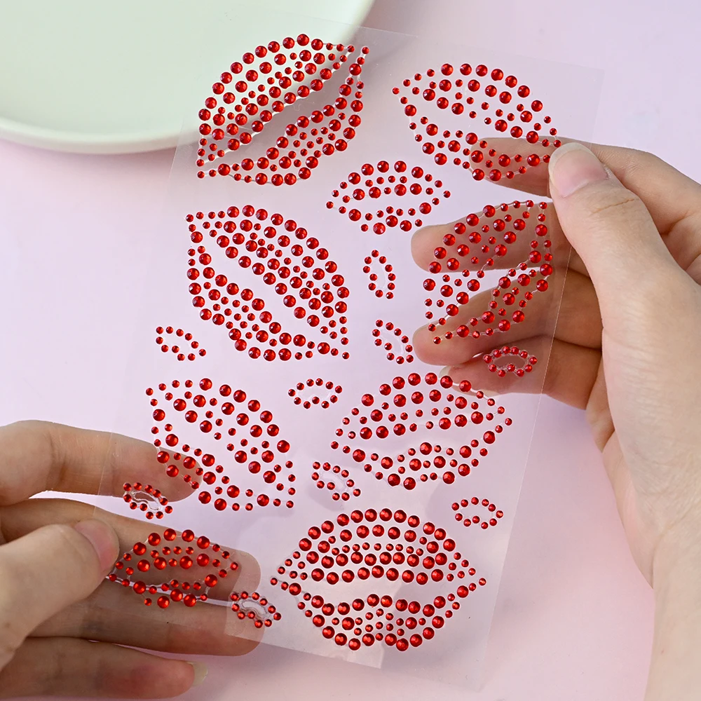 1 Sheet Red Lip Gems Self-Adhesive Face Jewels Stickers 3D Festival Kiss Jewels for Valentines Makeup Face Rhinestone Stickers - view 3