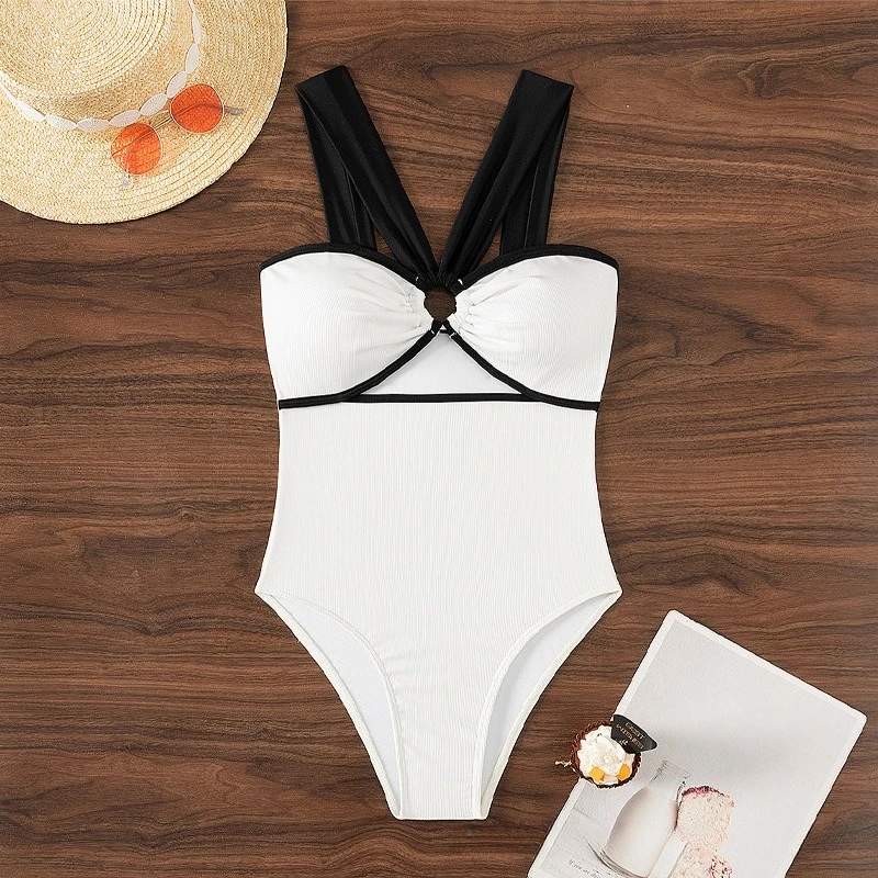 2025 nova moda de uma peça cor sólida com tiras sexy bralette biquíni maiô para praia
