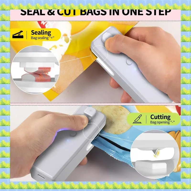 FZFZ 백 실러, 3 in 1 미니 백 실러 열 실링기 (커터 & 자석 포함), 충전식 미니 칩 백 진공 실러 기계 그레이 Du