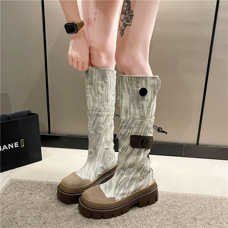 Denim Chelsea Knee High Boots Women Platform Shoe 2024 Designer Winter Flats Shoes Goth Motorcycle Boots Casual Shoes Botas