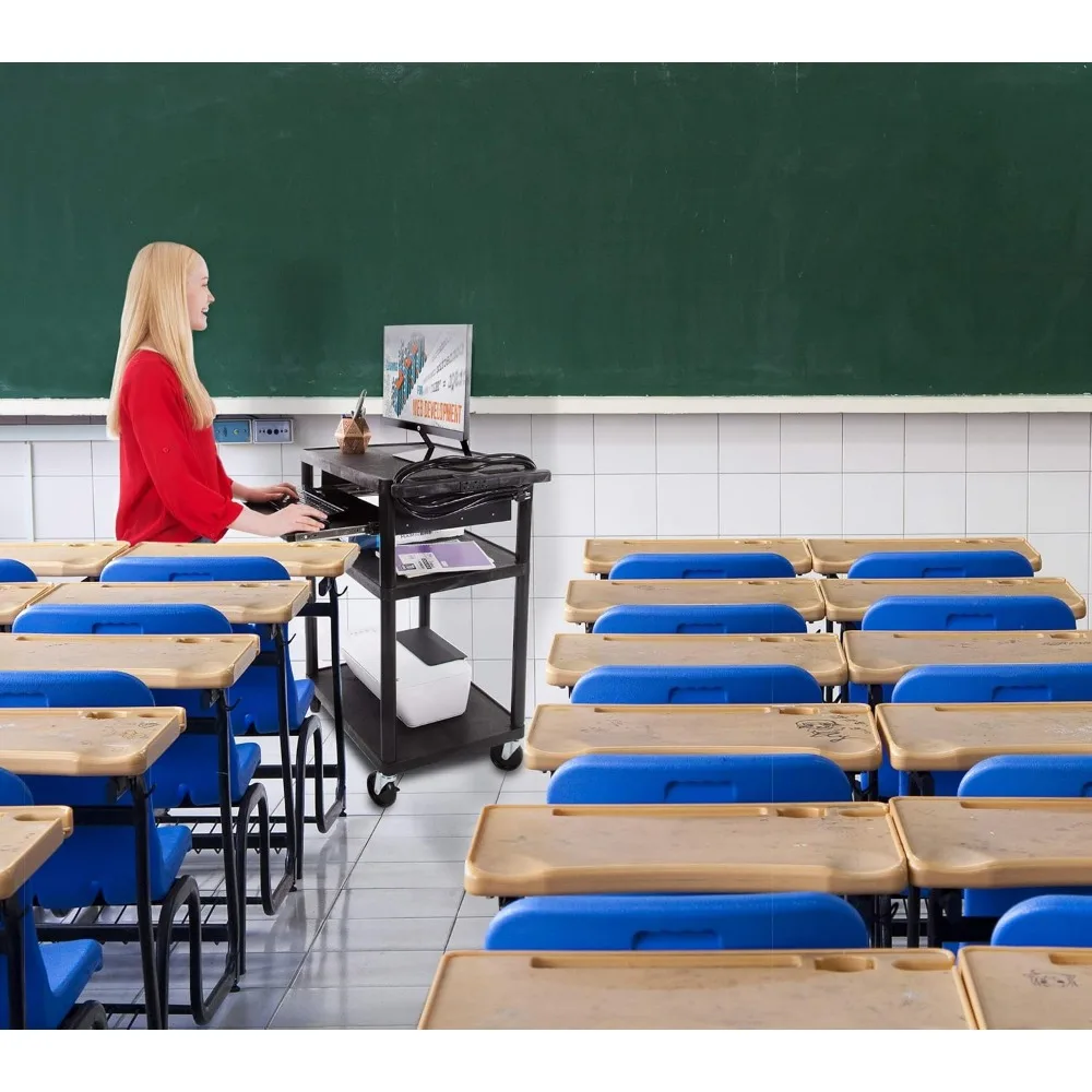 عربة بلاستيكية AV مع صينية لوحة المفاتيح لمحطات العمل المتنقلة في المكاتب والمدارس، حل تخزين دوار مع 4 عجلات #4