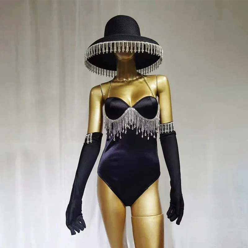 2025 Nightclub Jazz Dance Costume Rhinestones Bodysuit Pole Dancing Clothes Tassel Hat Retro Gogo Show Performance Dancewear yk