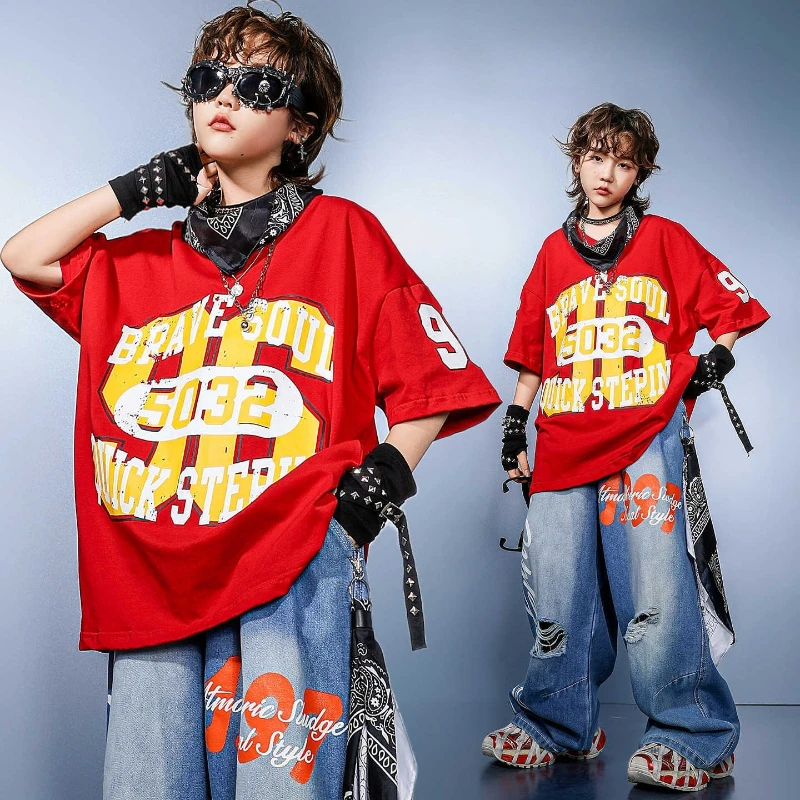 

Boys Street Dance Clothes Summer Hip Hop Costume Red T Shirt Tops Denim Pants Loose Street Dance Clothing Group Show Stage Wear