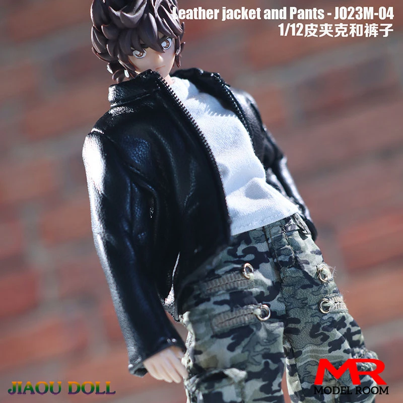 JO23M-04 1/12 Male Soldier Leather Jacket Camouflage Pants Set Clothes Model Fit 6'' Action Figure Body Dolls