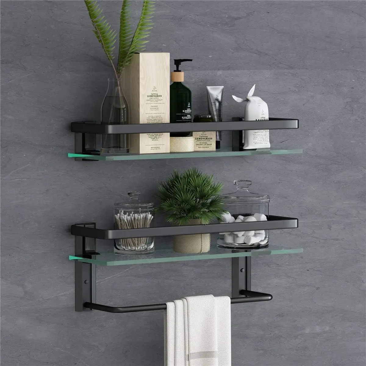 

VOLPONE Glass Bathroom Shelf with Towel Bar 15.7in Bathroom Wall Shelves Rustproof Metal Bathroom Wall Organizer 2-Tier (Black)