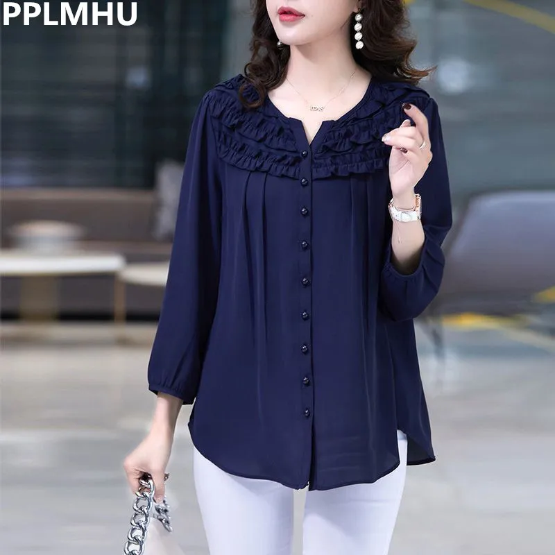 

Oversized Nine Quarter Sleeve Chiffon Blusas For Mom Summer Causal Camisas Korean Fashion Top Chic Elegant Blouse Loose Shirt