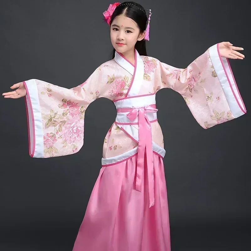 

Chinese Zijden Gewaad Kostuum Meisjes Kinderen Kimono China Traditionele Vintage Etnische Fan Studenten Koor Danskostuum Hanfu