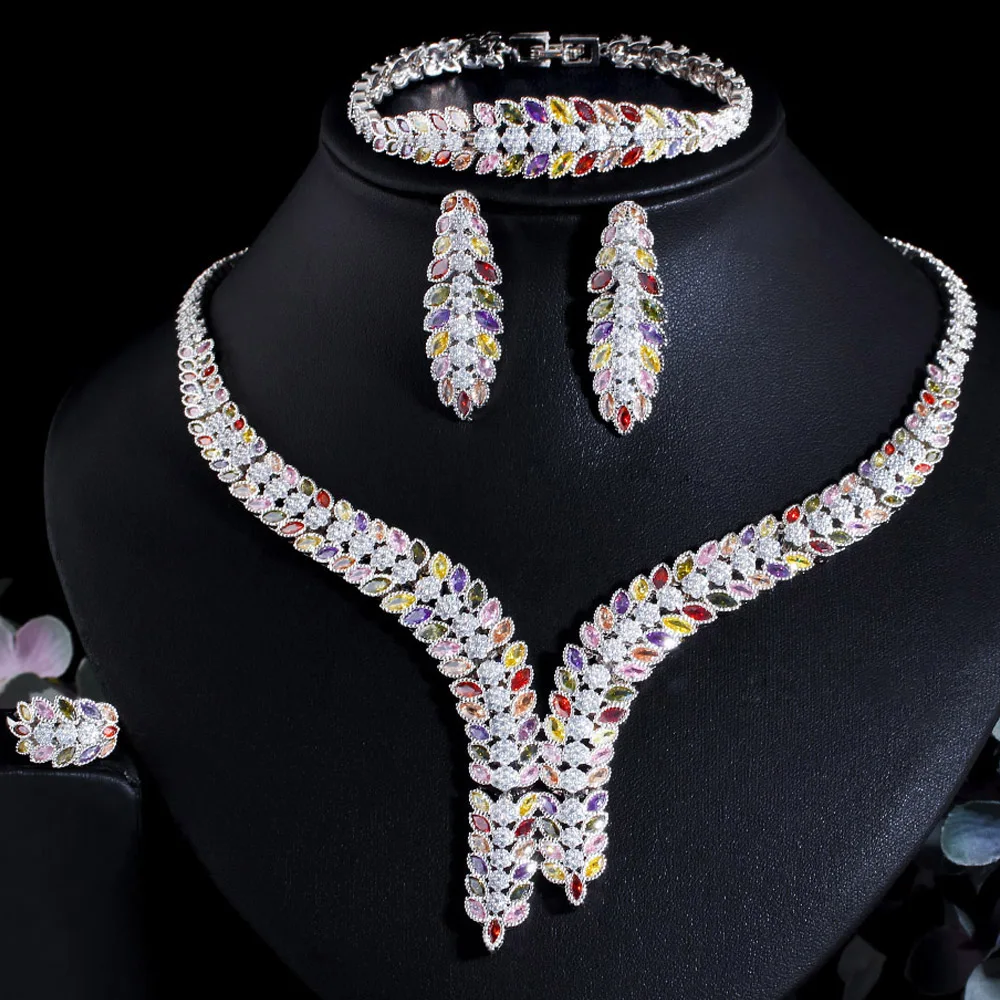 

CWWZircons 4pcs Colorful CZ Chunky Big Leaf Necklace White Gold Plated Naija Dubai Bride Jewelry Set for Wedding Pageant T657