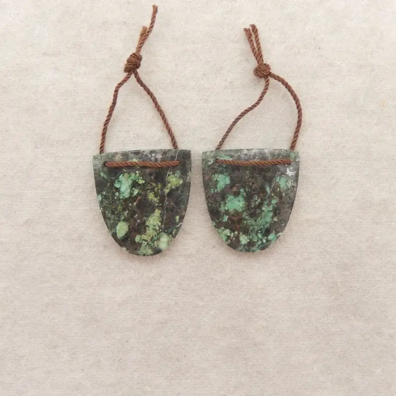 

African Turquoise Shield-Shaped Earrings Pair, Natural Green-Brown Gemstone with Speckled Patterns 23x22x4mm-7.2g