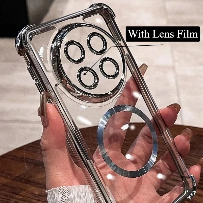 Lens Film Silicone Case For Huawei Nova Y91 / 14i Plating Clear Soft Magnetic Wireless Charging Shockproof Cover For Nova14i Y91