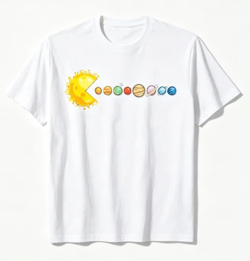 Sun Pacman Eating Planets Grafik-T-Shirt mit Sonnensystem-Weltraum-Print, Kurzarm, Lässige Streetwear-Oberteile – Detail 1