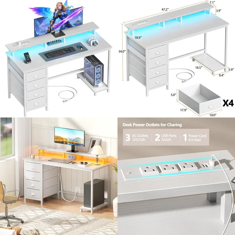 

White 47-inch Gaming Computer Desk with Fabric Drawers, Monitor Stand, LED Lights, Power Outlets, Home Office Furniture
