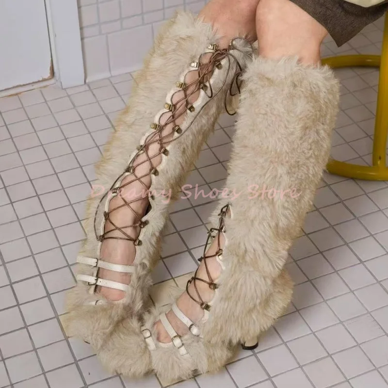 

Beige Belt Buckle Cross Strap High Heel Boots Women Back Zipper Pointed Stiletto Knee High Boots Fashion Hollow Party Lady Shoes
