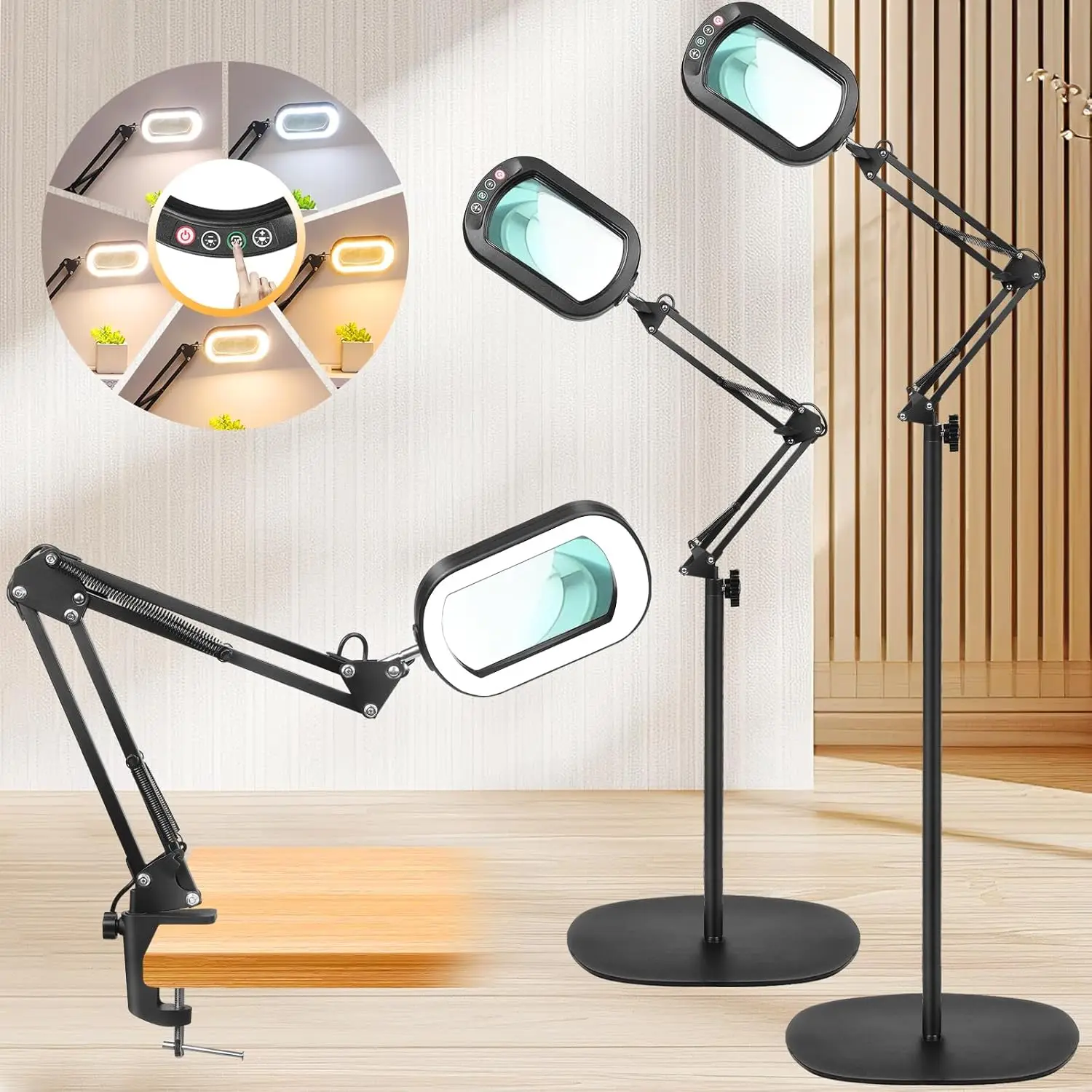 10X Magnifying Glass With Light And Stand, 3-In-1 Magnifying Floor Lamp With Clamp, 5 Color Modes Led Dimmable Standing