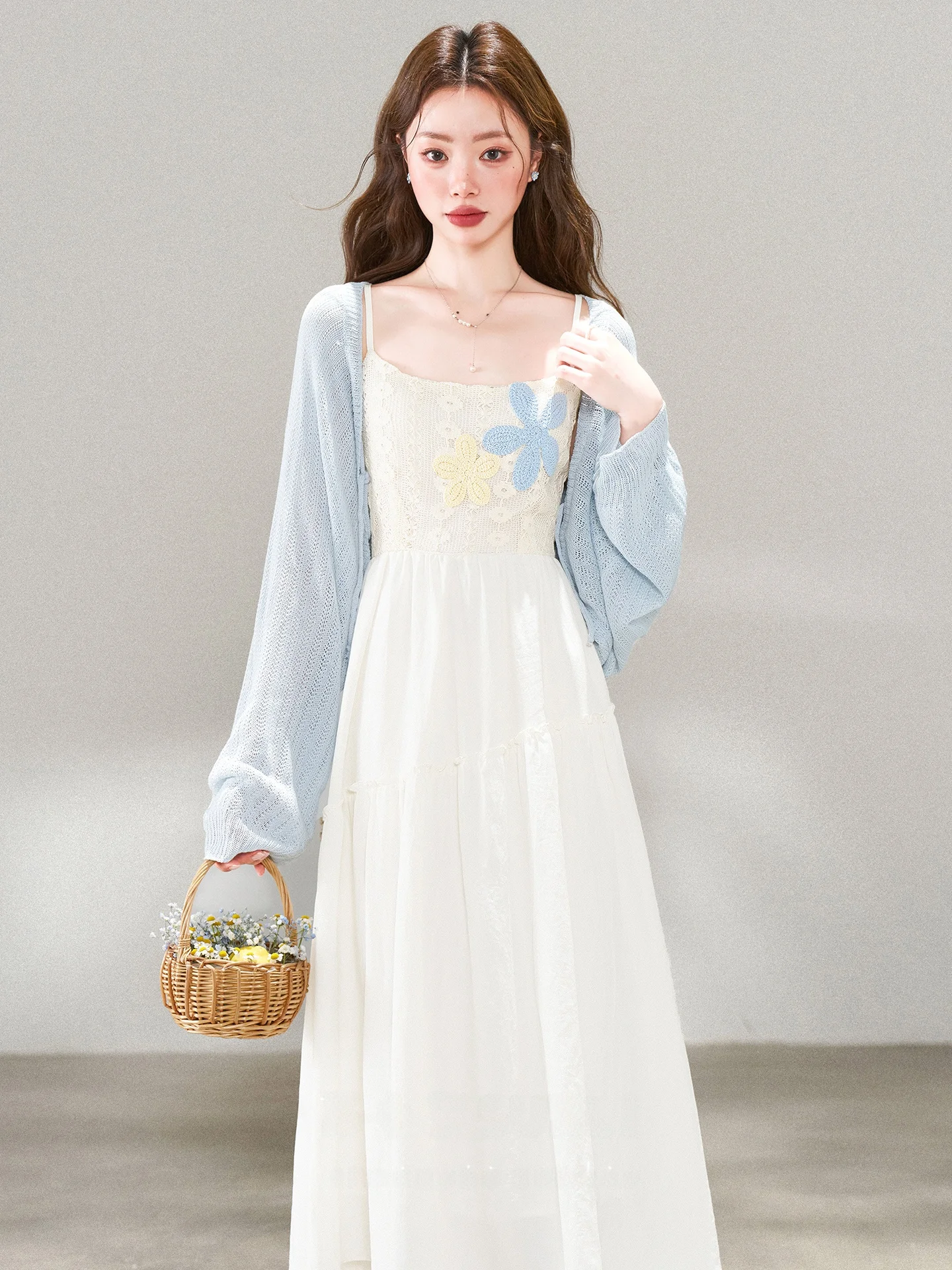 

Su Xiaole Sweet Yellow Cardigan And Dress Set Women's Fashion Summer High Waist Cake Dress Ensemble High Waist Floral Print