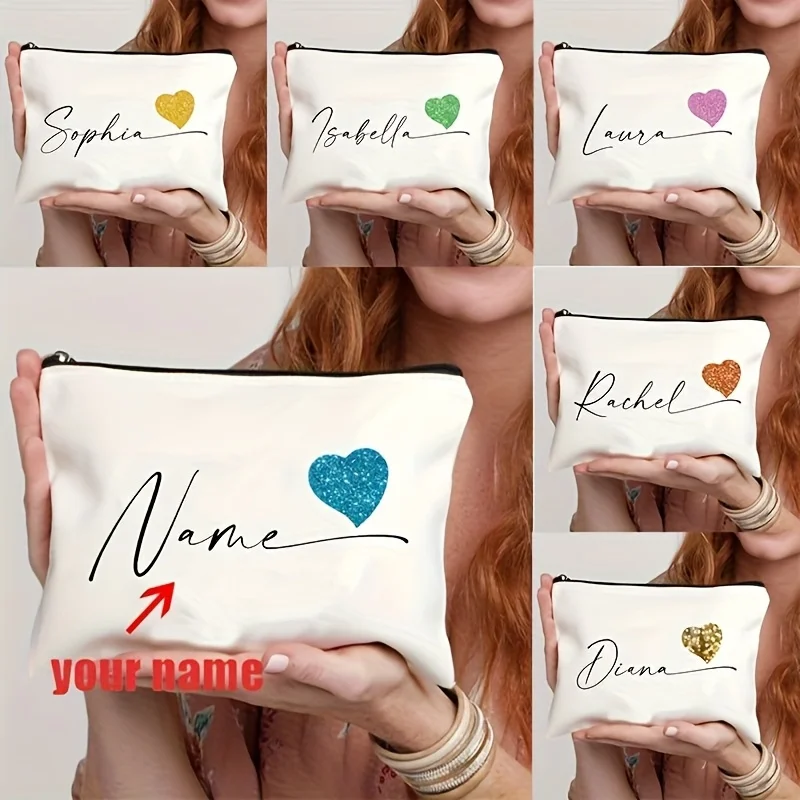 Heart-Shaped Personalized Name Makeup Bag Storage Pouch Travel Cosmetics Women's Pencil Case Wallet Gift Wedding Partners