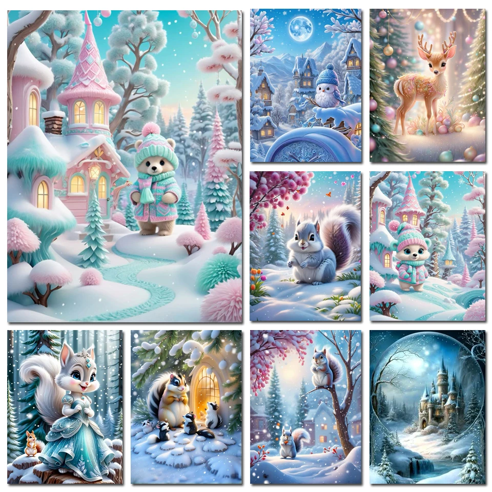 

DIY Diamond Painting Cross stitch Cartoon Winter Animal Castle Landscape Mosaic Bear Fox Squirrel Deer Embroidery Christmas Gift