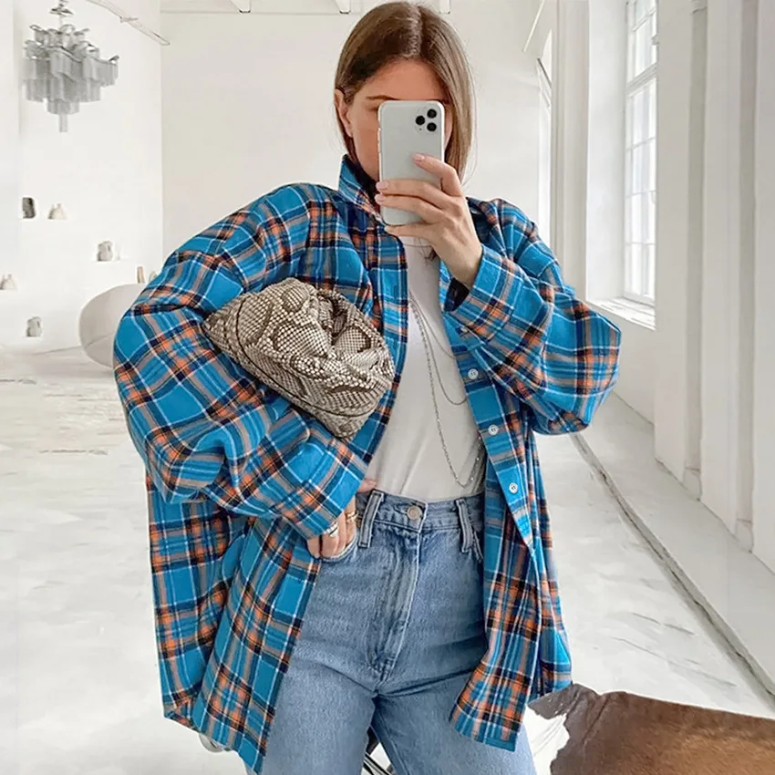 

Свободная женская рубашка в стиле ретро, клетчатая рубашка с длинными рукавами и карманами, женская многофункциональная модная однобортная повседневная уличная одежда с лацканами