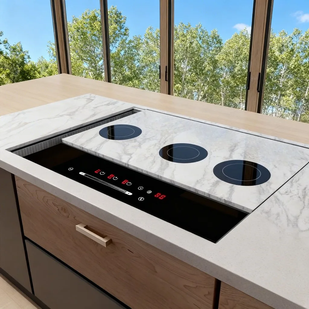

3-Burner Invisible Induction Cooktop Built Into Sintered Stone Countertop