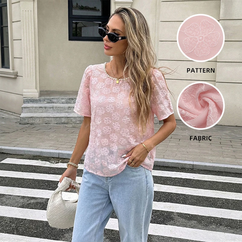 

Новая летняя женская рубашка 2026 года с коротким рукавом, круглым вырезом, розовым жаккардовым узором и разрезом на спине