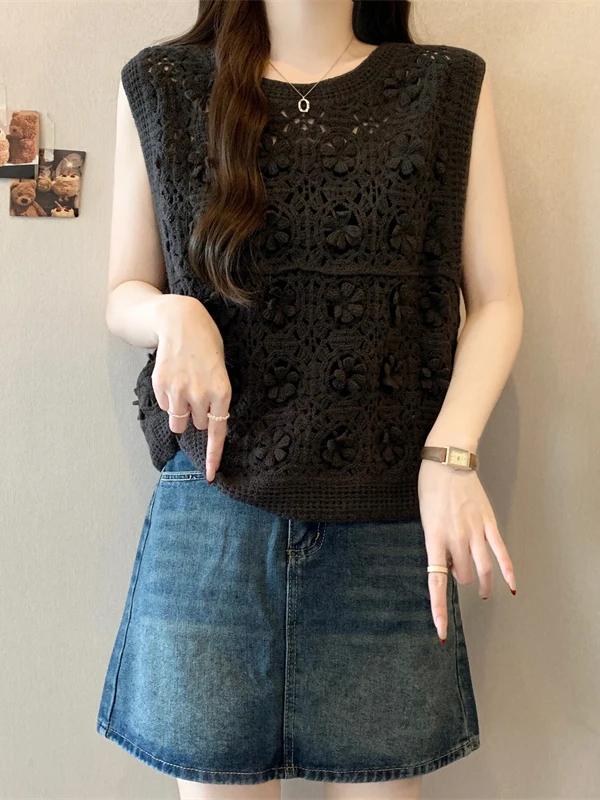 Women's Bohemian Style Knitted Vest Hooked Hollow out Design Layering Top plus Size Fashionable round Neck A-Line Sleeveless