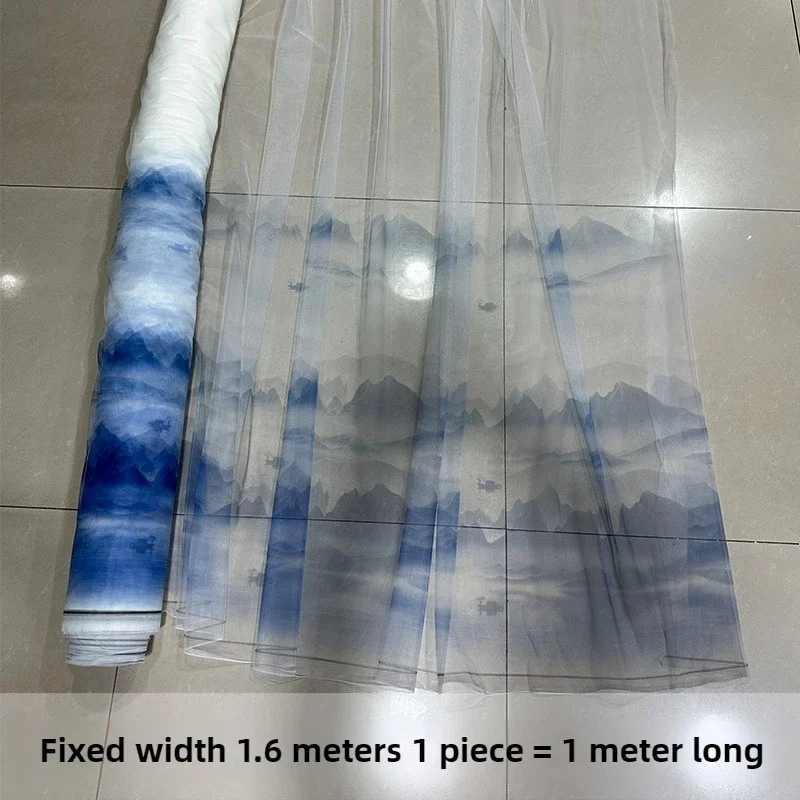 Chinese Style Gradient Mesh Tulle Fabric Printed By The Meter for Hanfu Skirt Veil Sewing Ink Wash Painting Cloth Black White