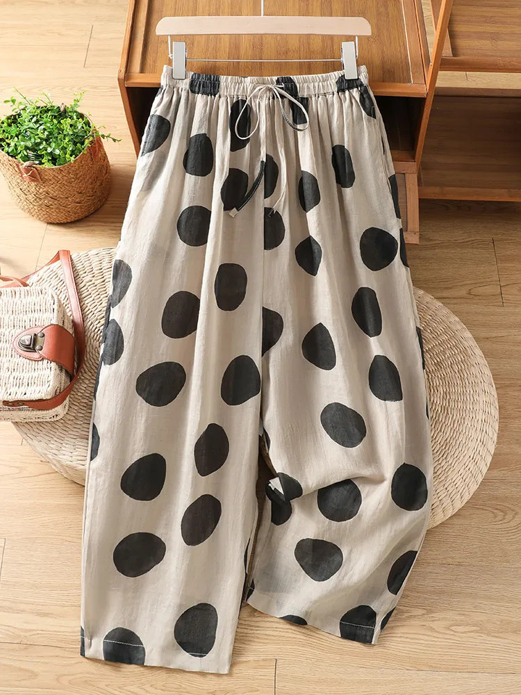 

High-End plus Size Women's Summer Casual Polka Dot Print Pants High Waist Straight Leg Harlan Trousers for Older Ladies