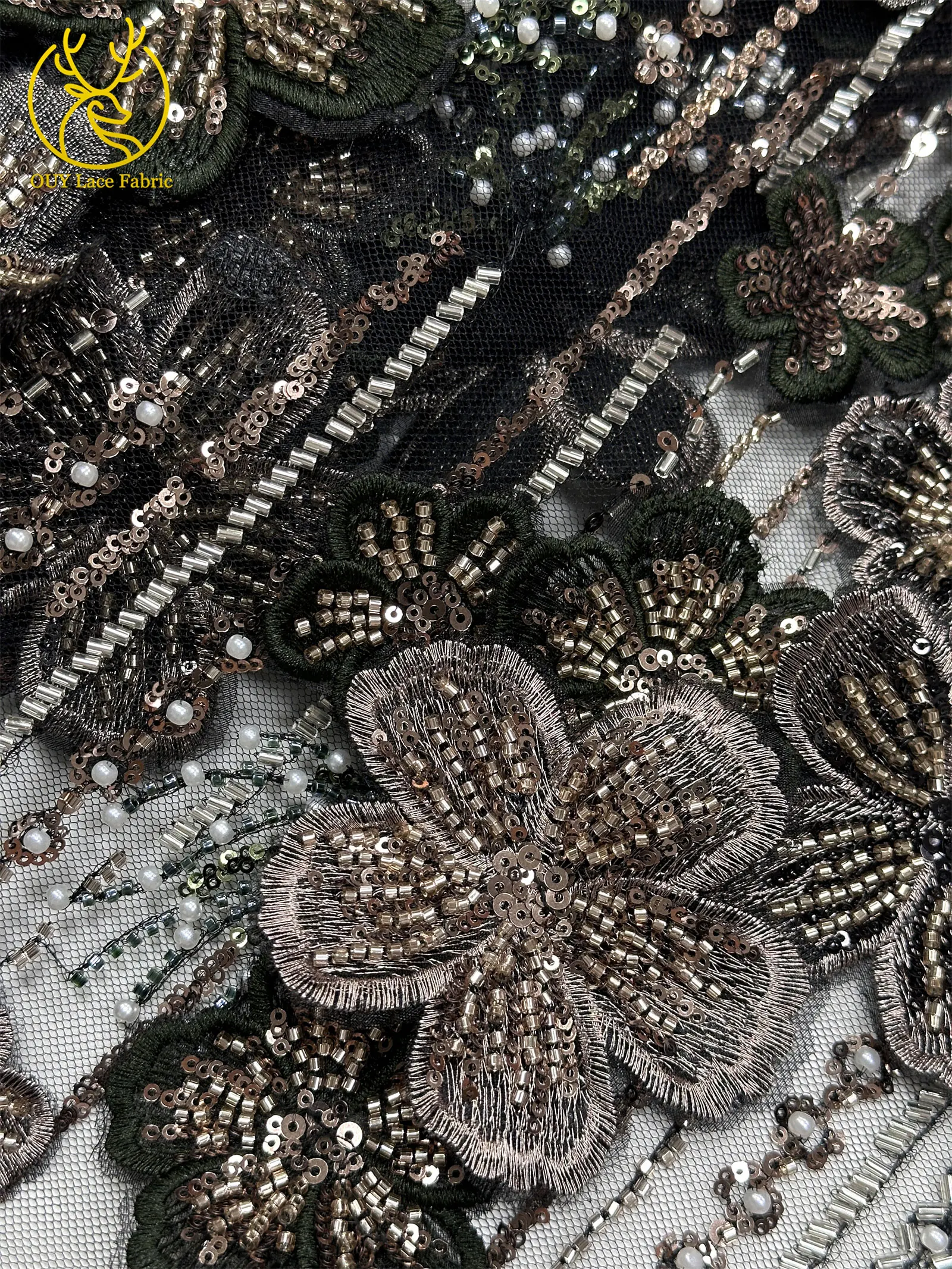 Maßgefertigter Luxus 3D Handbestickter Blumen-Spitzenstoff Hochwertige Afrikanische Perlen-Pailletten-Spitze für Hochzeitskleider und Näharbeiten – Detail 22
