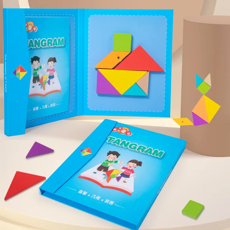 Drewniane układanka magnetyczna Puzzle Tangram zabawki edukacyjne dla dzieci przenośne zabawki Puzzle inteligentne Montessori