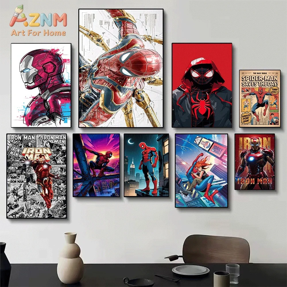 Iron Man Spider‑Man Marvel Superhero Canvas Wall Art Miles Morales Newspaper Comic Pop Style Unframed Canvas Print for Boys Bedr - view 3