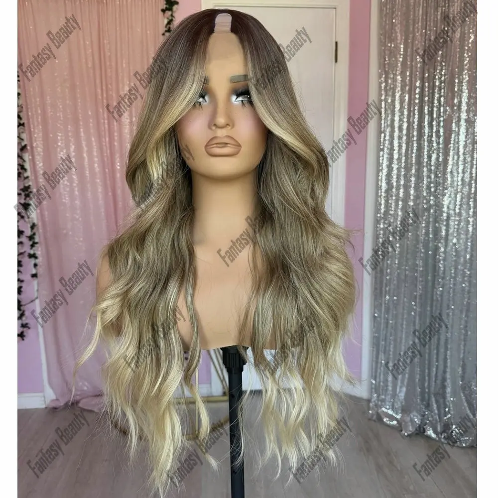 

Ash Blonde Balayage Body Wave U Part Wig Human Hair for Women Remy Brazilian Hair 1x4 Size V Part Wig Highlight Blonde Women Wig