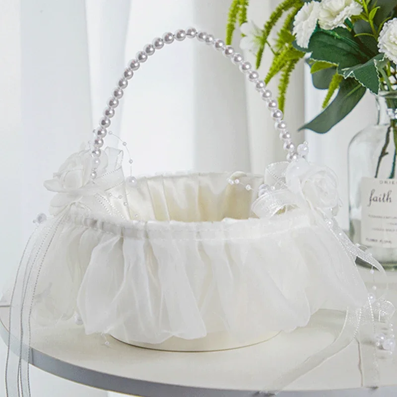 1pc Flower Girl Baskets Fairy Lace Bowknot Wedding Basket Lvory Petal Confetti Candy Party Supplies Fruit Basket Home Decoration image 5