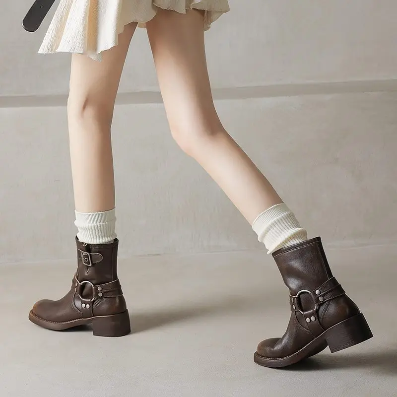 Women's Genuine Leather Motorcycle Ankle Boots - Buckle Mid Heel