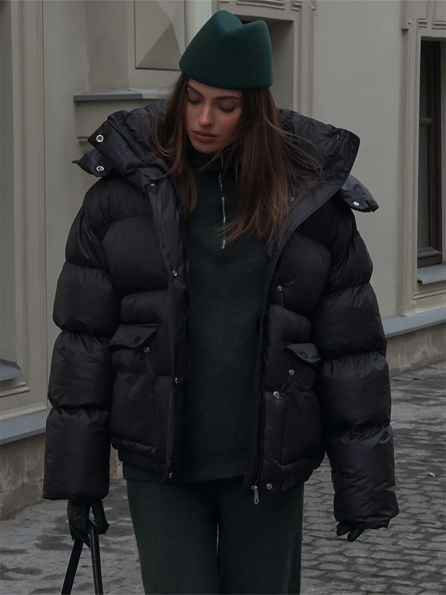 Bornladies Damen Neue Winter Schwarze Parkas Modisch Schlichte Wattierte Baumwolljacke Quadratische Tasche Warme Kapuzenjacke – Detail 7