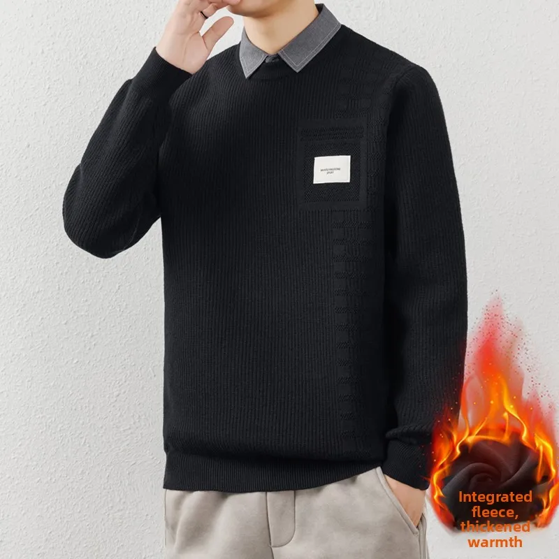 

Мужской повседневный утепленный вязаный свитер с имитацией двухслойности, с флисовой подкладкой, теплый, осенне-зимний, на пуговицах