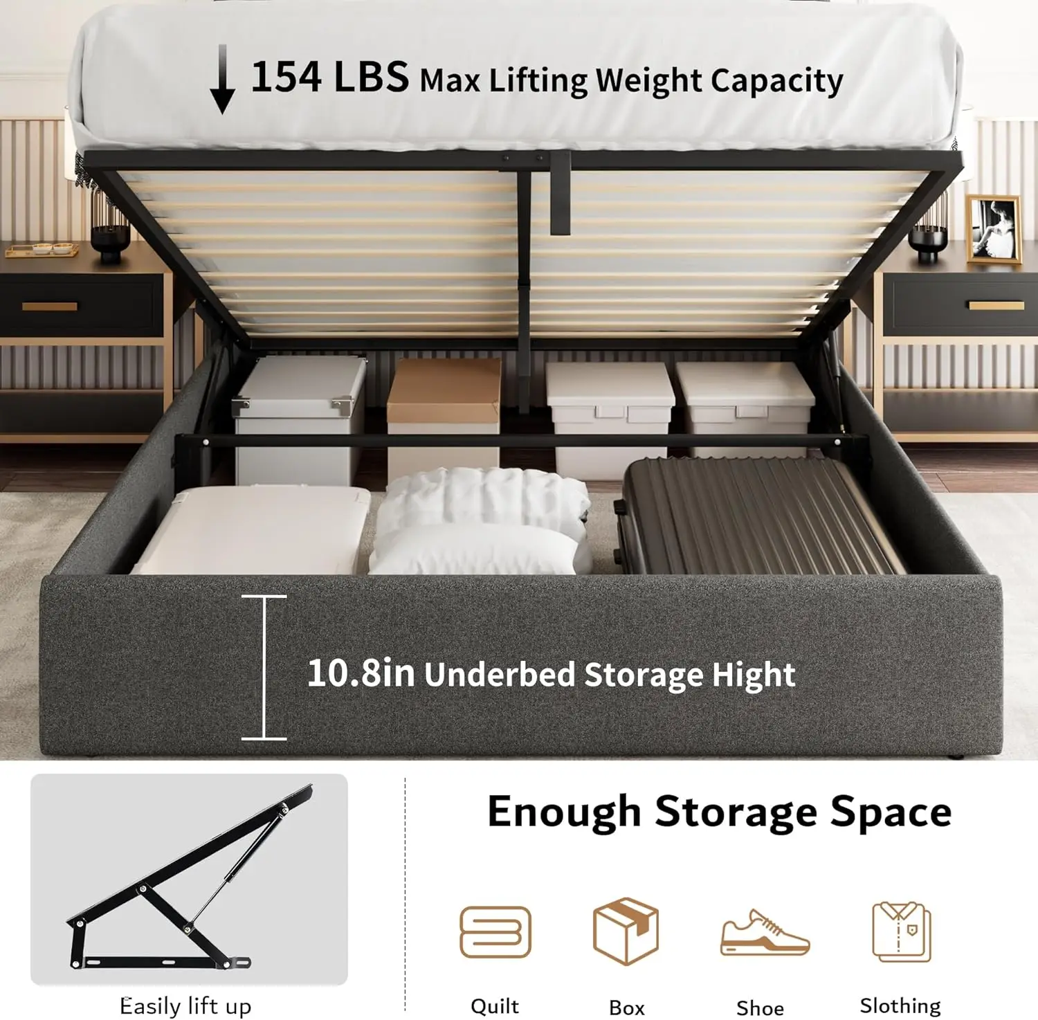 Cadre de lit de rangement relevable pleine grandeur avec station de charge, plate-forme en solution avec planche de sauna, rangement hydraulique