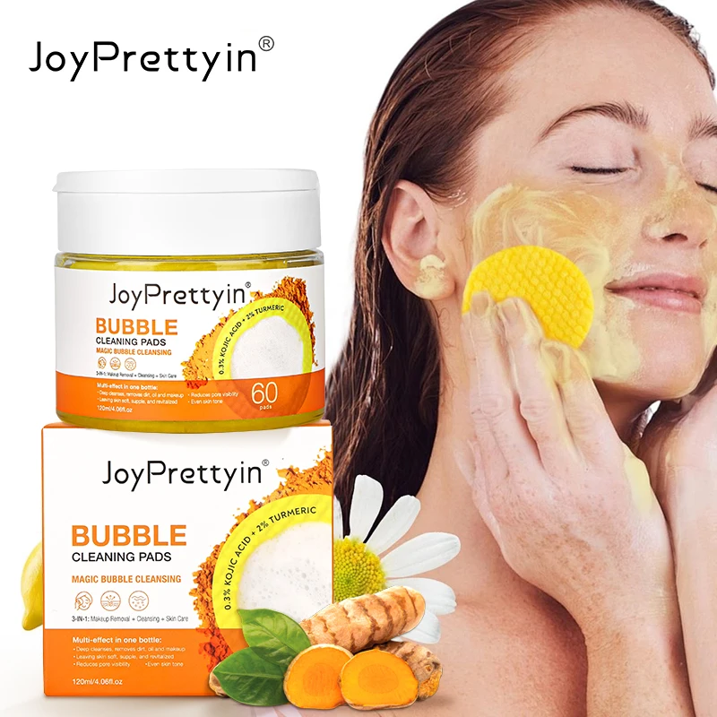 JoyPrettyin Bubble Cleansing Pads Turmeric Kojic Acid Makeup Remover 60PCS Blackhead Exfoliating Cotton Facial Skin Care