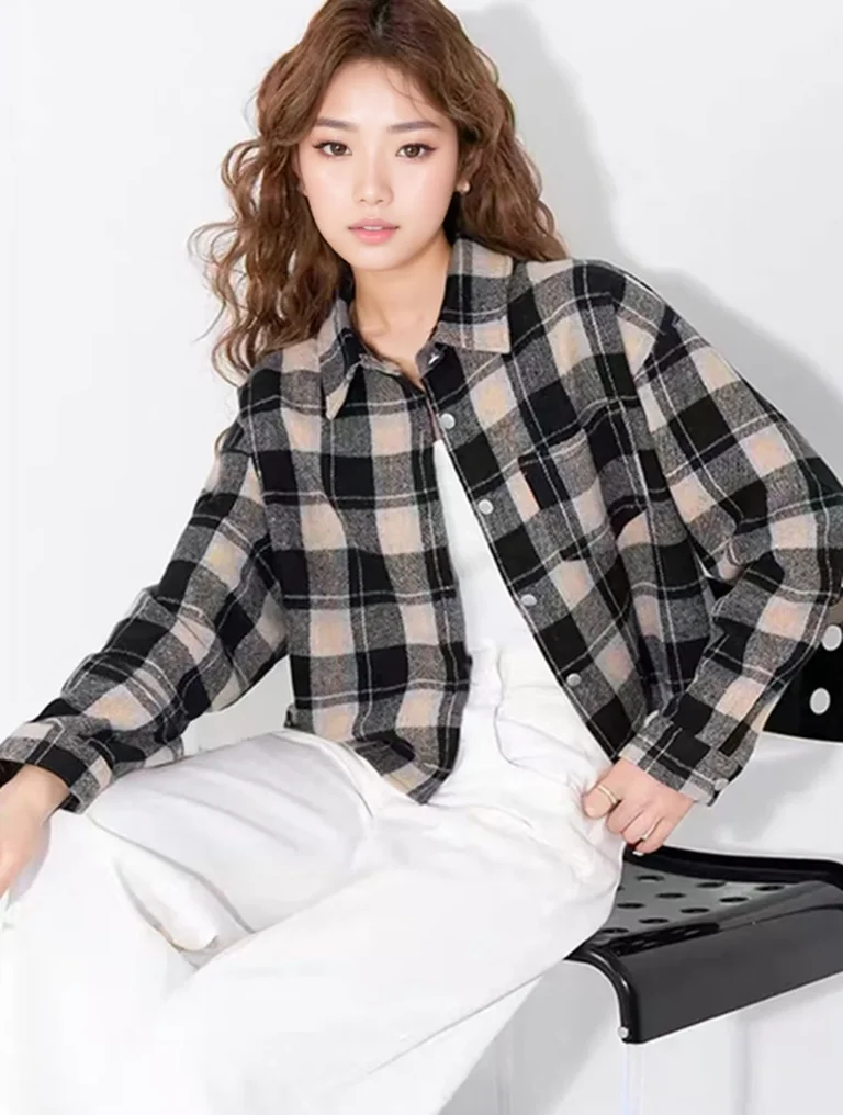 

Autumn Red Plaid Brushed Shirt Short Women's Retro Long Sleeve Turn Down Collar Pocket Outfits Casual Female Jacket Coat Trendy