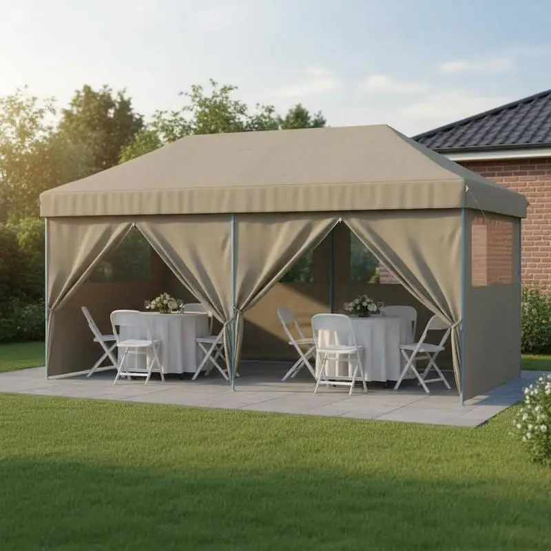 Gazebo de 580 x 292 x 315 cm. Estructura robusta, tela de poliéster duradera. Ideal para bodas, fiestas, campamentos y reuniones familiares.