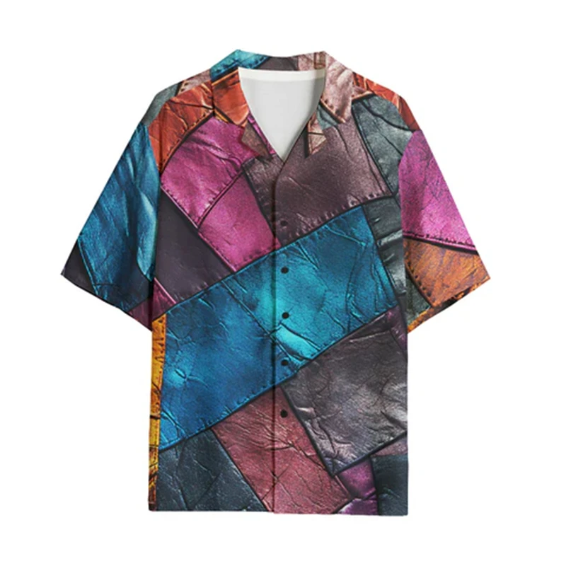 Men\'s Casual Shirts Fake Spliced Denim Printed Camisa Men Fashion Hawaiian Shirt Beach Blouses Short Sleeve Vocation Lapel Tops
