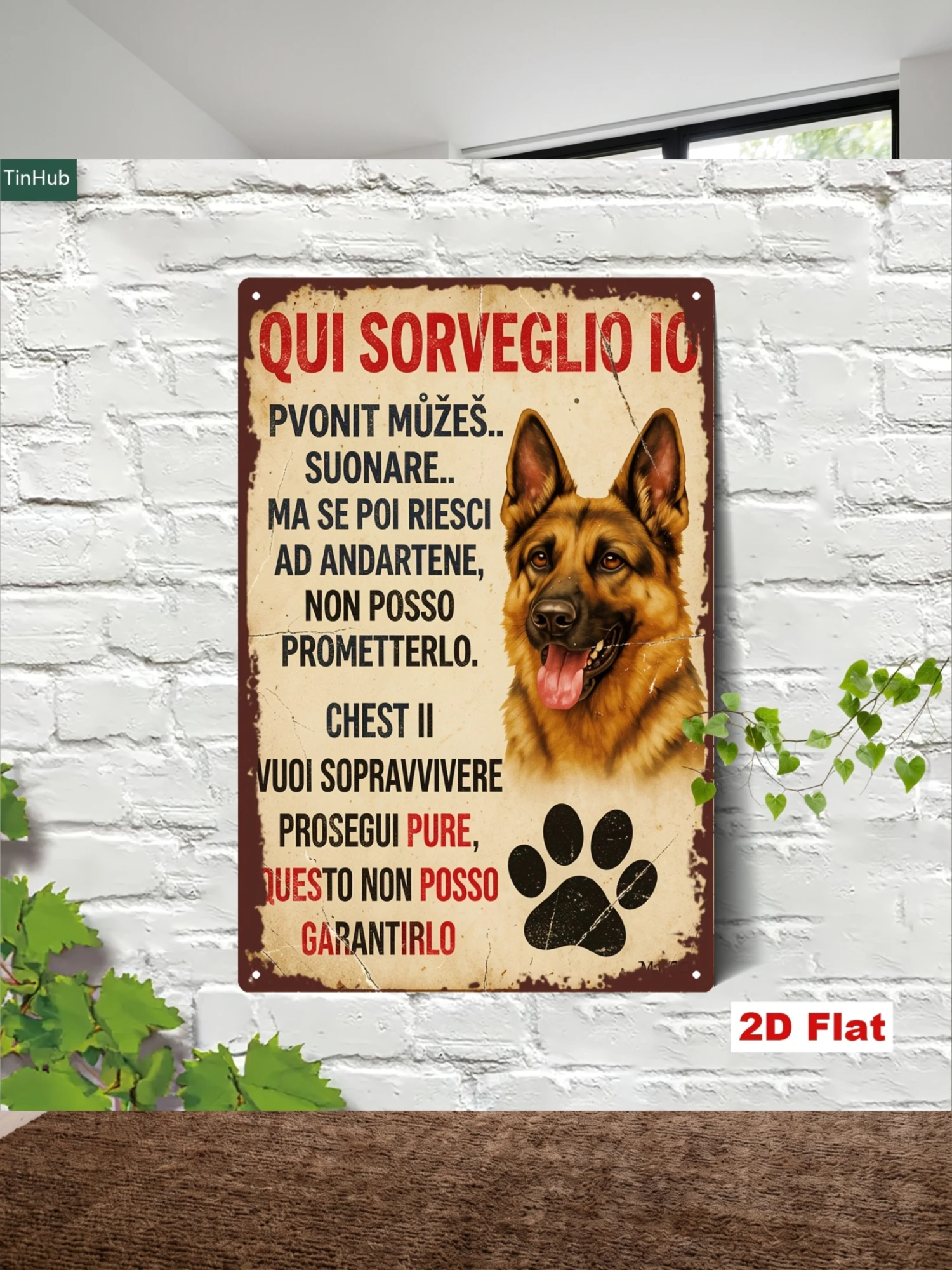 2D Flat, 2D Flat 1pc Vintage German Shepherd Metal Sign, 7.87x11.81inch Iron Sign with Fun Italian Warning Quote, Vintage Industrial Style Wall Decor, Suitable for Gate, Courtyard, Garage, Office Entrance, Warning Tin Sign, Animal Themed Decoration