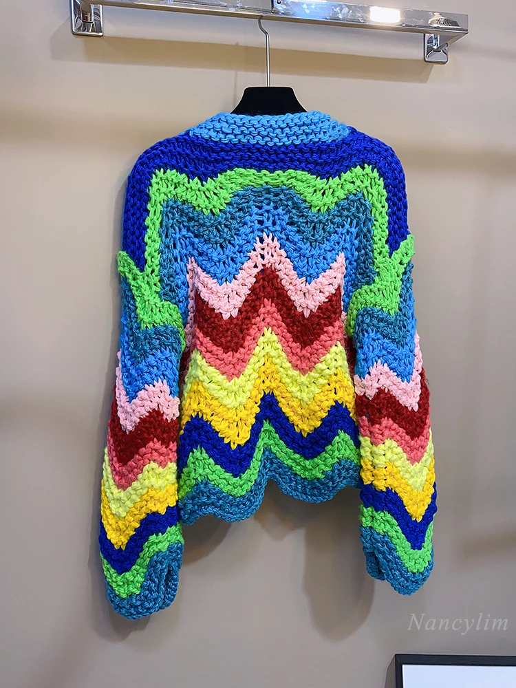 Handmade Knitting Needle Coarse Yarn Colorful Striped Contrast Color Knitwear Cardigan Women's Sweater Coat Thick Cardigans Fall