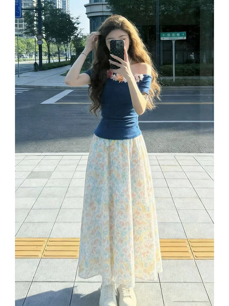

Spring Sweet Sle Floral Print Asymmetrical oulder Top And Skirt Set Women's Faion Slimming Young-looking f-length Skirt